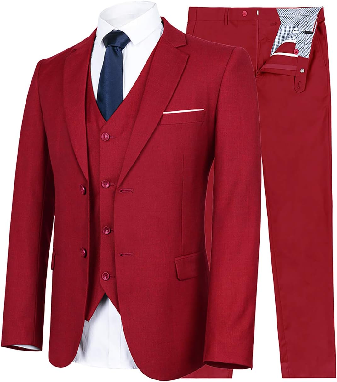 YIMANIE Mens Suit 3 Piece Single Breasted Jacket Two Button Slim Fit Blazer Tux Vest&Trousers, Wine Red, Medium