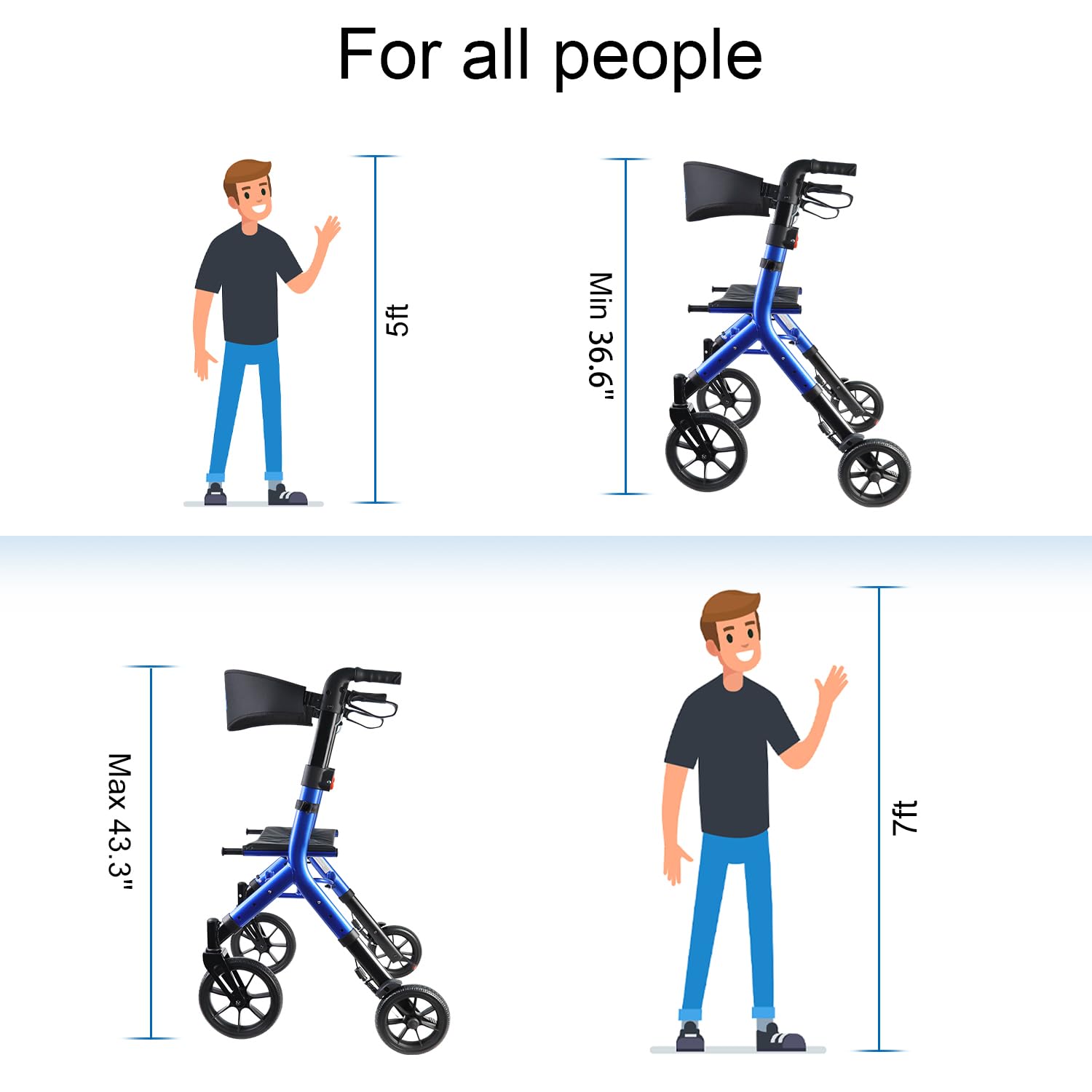 Rollator Walker for Seniors Taller 5.3~7ft with Height-Adjustable Seat, 10 Inch Wheels Wire-Hidden Walkers Compact Folding Design Lightweight Mobility Walking Aid Widen Backrest, Blue