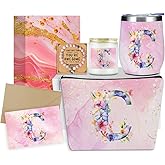 Personalized Gifts Monogrammed Birthday Gifts for Women, Cowerker Bride Wife Sister Wedding Christmas Initial Wine Tumbler Makeup Bag Scented Candle Bracelet Set, (Aesthetic Pink Flower C)