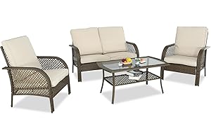 Do4U Patio Conversation Sets All Weather 4 Pieces Outdoor Furniture Sets Patio Furniture Sets Stain-Resistant Wicker Furniture for Patio, Lawn and Garden (Beige, Large)