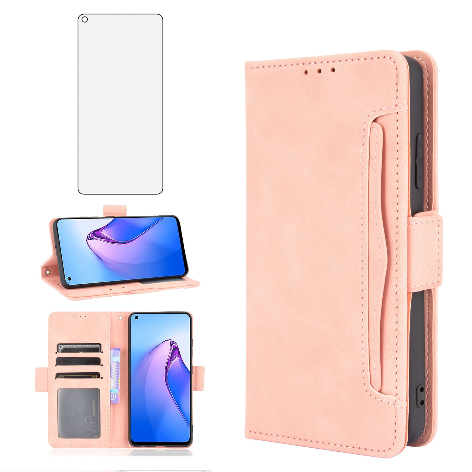 Asuwish Compatible with OPPO Reno 8 5G Wallet Case and Tempered Glass Screen Protector Card Holder Stand Leather Flip Cell Accessories Phone Cover for Reno8 Women Men Rose Gold
