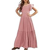 MITILLY Girls Lace Flower Ruffle Sleeve A-Line Swing Wedding Party Maxi Dress with Pockets