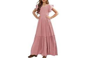 MITILLY Girls Lace Flower Ruffle Sleeve A-Line Swing Wedding Party Maxi Dress with Pockets