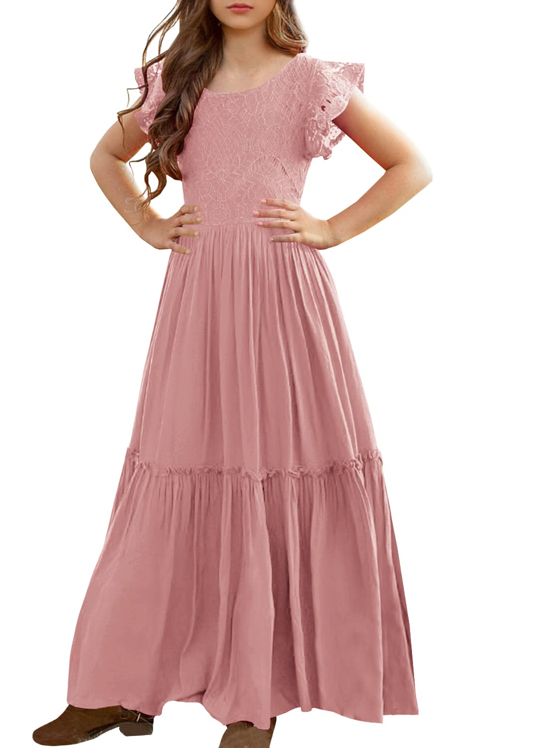 Photo 1 of MITILLY Girls Lace Flower Ruffle Sleeve A-Line Swing Wedding Party Long Maxi Dress with Pockets 10 Years Pink