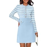 MEROKEETY Women's Long Sleeve Striped Sweater Dress Button Crewneck Fall Bodycon Formal Mini Dresses