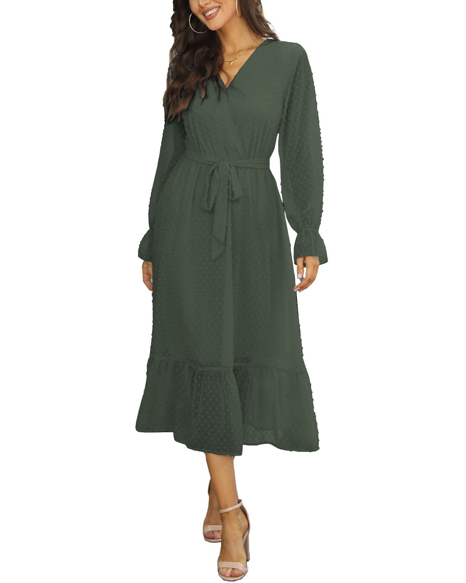 Photo 1 of BTFBM Womens Casual Party Dresses 2024 Spring Summer Long Sleeve Wrap V Neck Swiss Dot Swing A-Line Maxi Dress with Belt(Swiss Dot Army Green, Small)