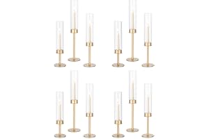 Candeldo Gold Hurricane Candlestick Holder: Taper Candle Holders for Wedding Glass Table Centerpiece for Dining Tables Set of 12 Tall Christmas Decoration Candles Stand