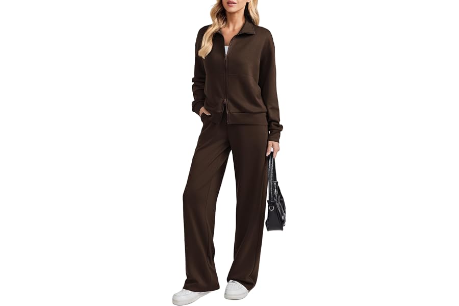 PINSPARK 2 Piece Sets for Women Two-Way Zip Top Wide Leg Pants Tracksuit | Regular & Petite,Kangaroo Pockets,Stand Collar,Breathable,Luxurious,Lounge,Travel,Athleisure,Vacation