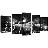 Biuteawal - Black and White City Wall Art Nature Lightning Strikes in The Clouds Painting on Canvas Storm Cityscape Picture Print for Home Office Bedroom Decoration