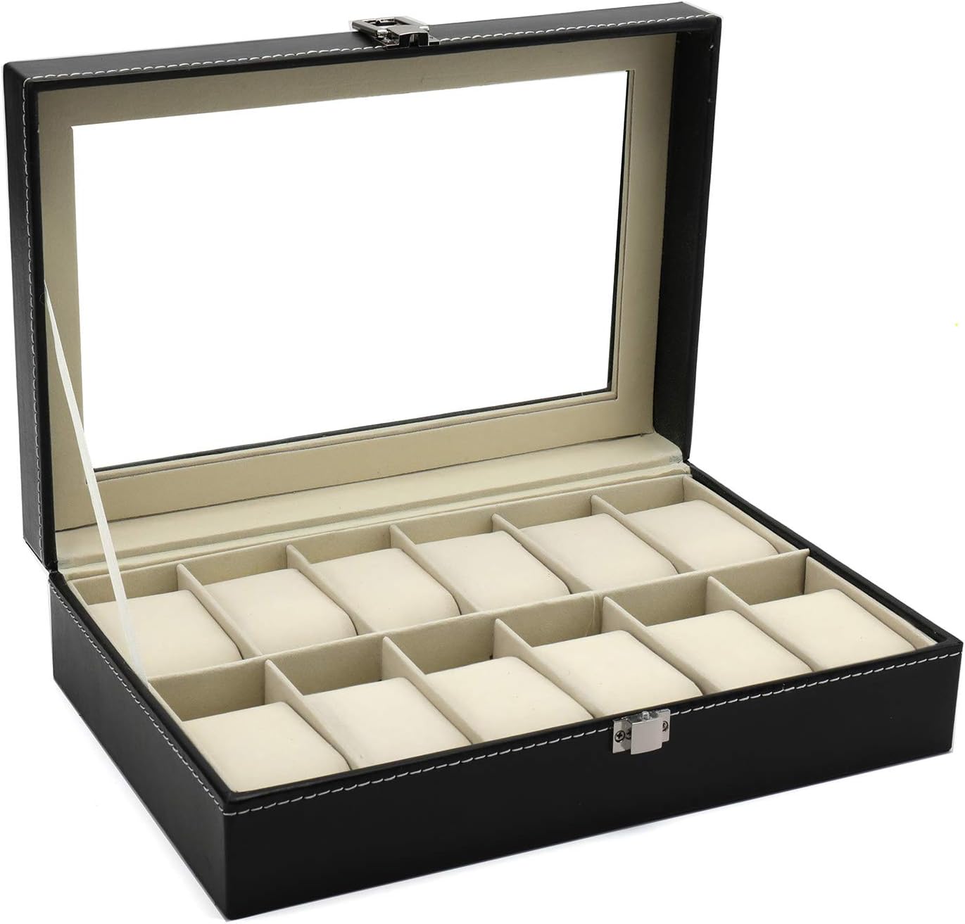 Hedume 12 Slot Leather Watch Box Display Case Organizer with Framed Glass Lid Elegant Contrast and Removable Pillow for Men and Women Watch and Jewelry Large Holder Boxes: Home Improvement