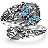 Ladytree 925 Sterling Silver Dragonfly Turquoise Spoon Ring for Women Vintage Adjustable Thumb Ring Lotus Antique Boho Jewelry Gift