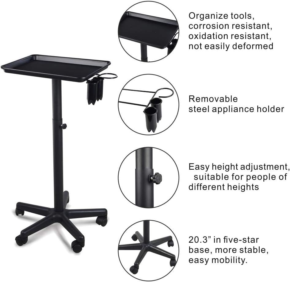 Premium Aluminum Hair Salon Instrument Salon Tray W/Accessory Caddy Tattoo Rolling Tray Station Adjustable Height Trolley Beauty Tool: Furniture & Decor