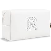 Bride Gifts – Personalized Initial Makeup Bag with Pearl Rhinestone Patch, Preppy White Monogram Cosmetic/Toiletry Pouch, bridesmaid Gifts, Bridal Shower Gifts, Wedding Gifts, Bridal Gifts,R