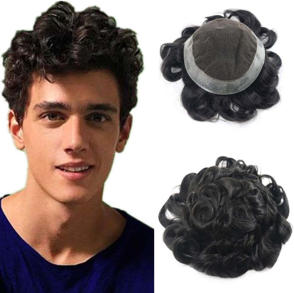 Toupee Men Wigs Remy Hair Swiss Lace Men Top Closure Clear Poly Hair Toupee Lace Pu Sides (6inch, Black 1B#)