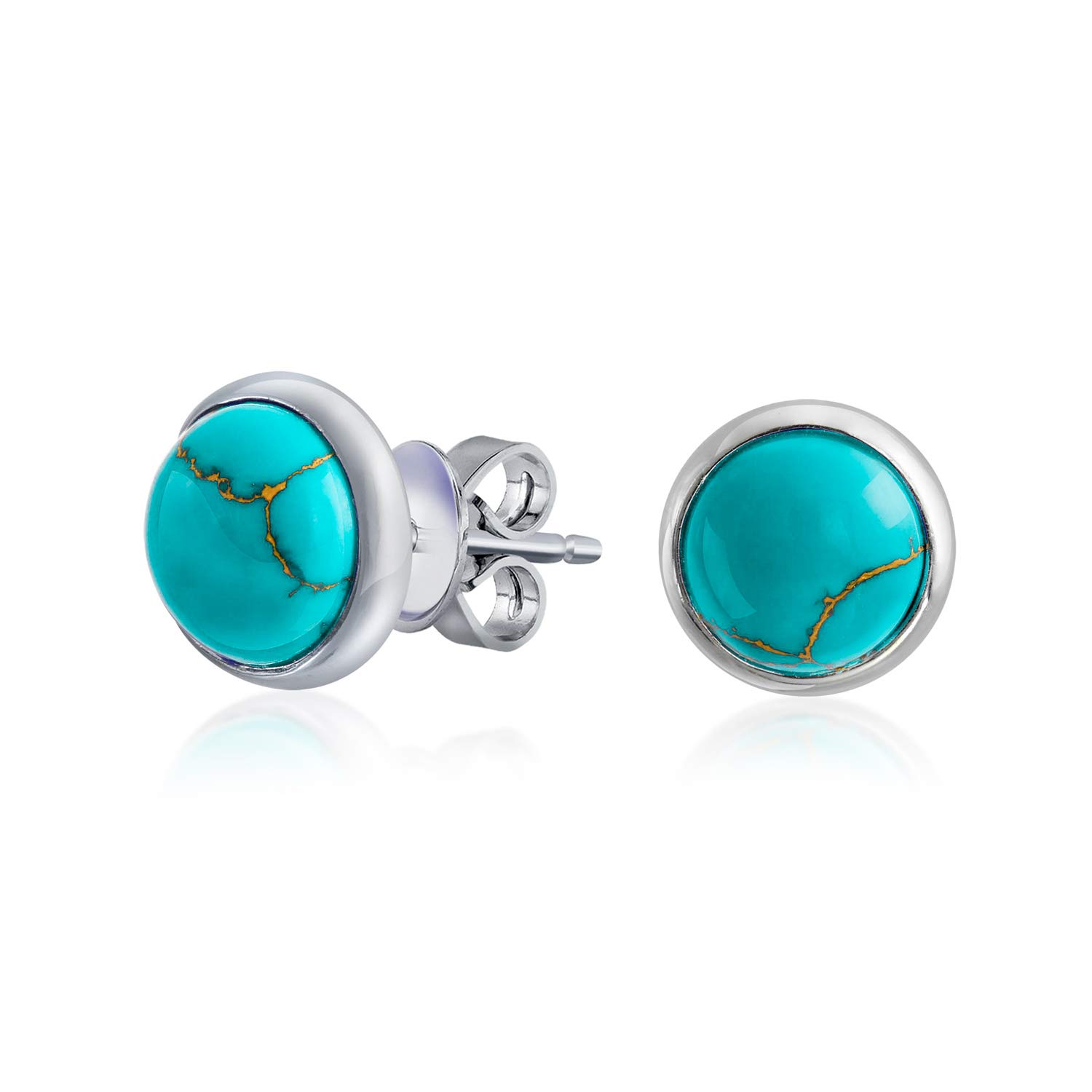 Simple Blue Compressed Blue Turquoise Bezel Set Round Dome Button Stud Earrings For Women .925 Sterling Silver — image 1