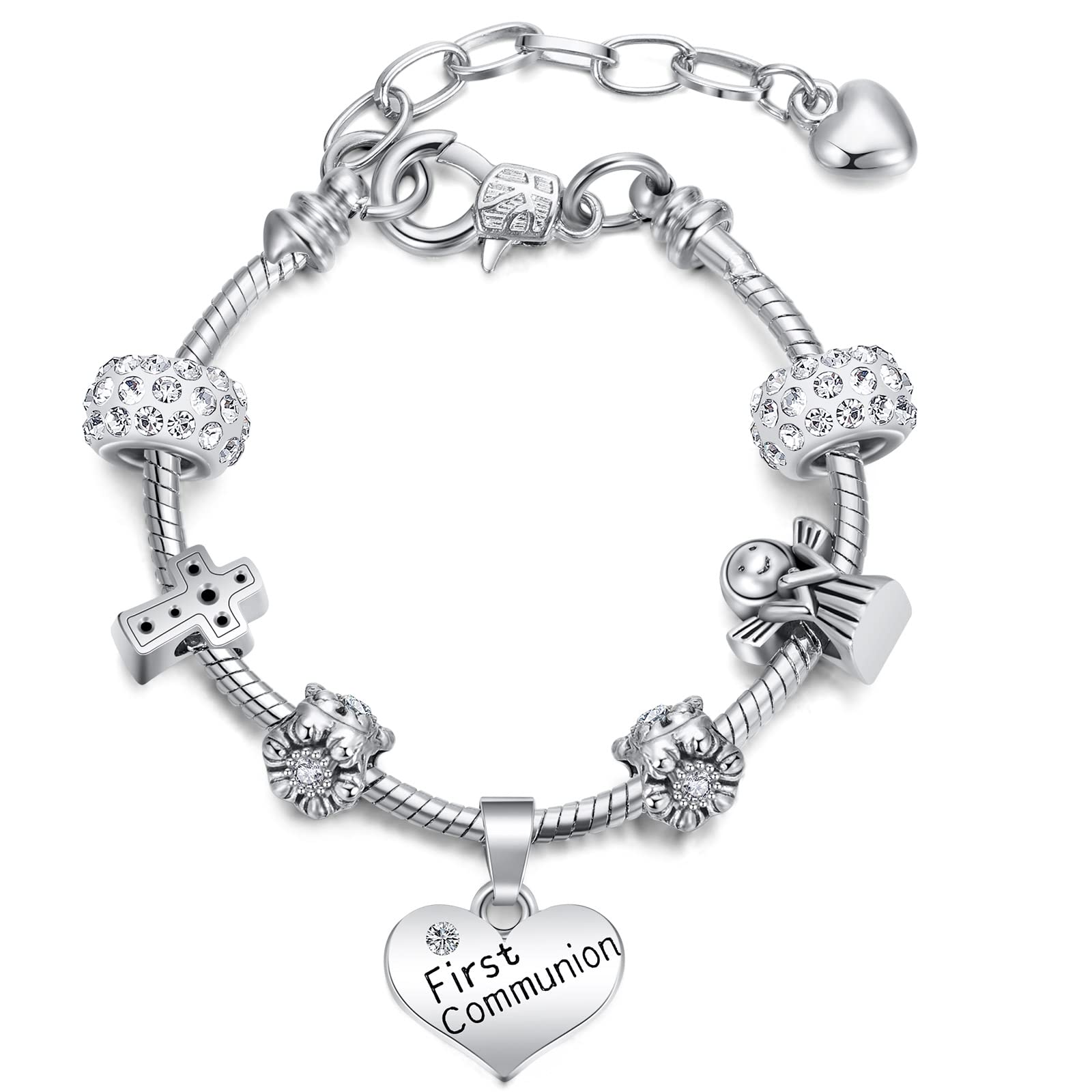 Herdear First Holy Communion Charm Bracelets for Girls Glitter Personalised Engraved First Communion Gifts with Pendant (Lovely Style)