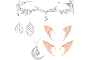 Elf Costume Accessories Set – 5 Piece Fairy Cosplay Kit with Rhinestone Crown, 2 Pairs Silicone Elf Ears, Leaf Earrings and G