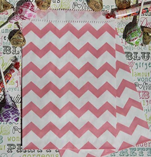 Bakers Bling Pink Chevron Stripe Party Favor Bags with Stickers, 5.5" x 7.5", Set of 48 Treat Bags and 48 Stickers