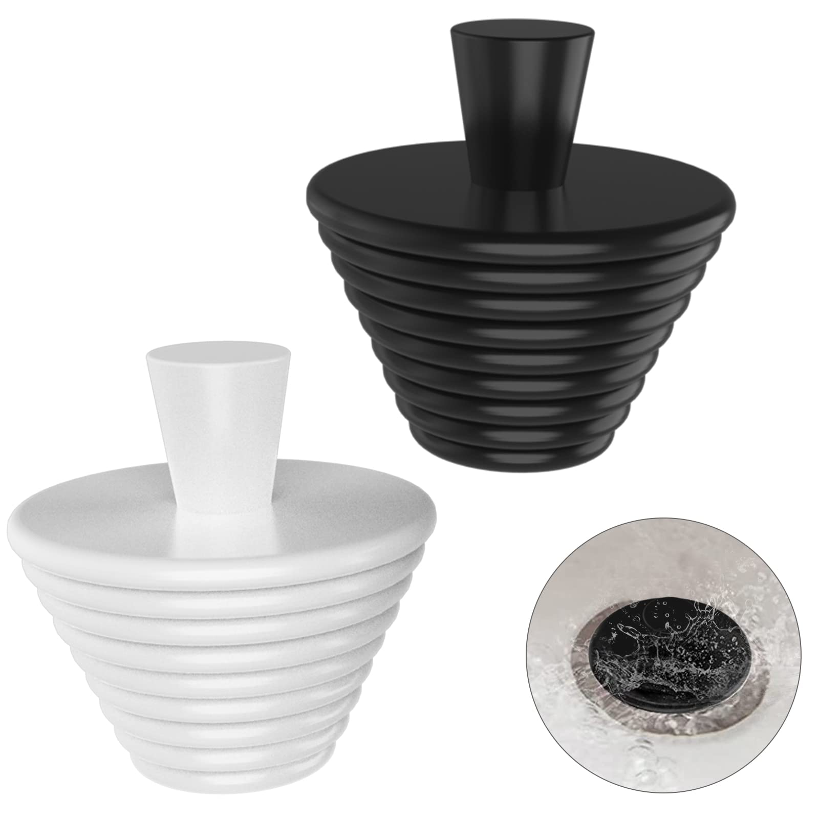 Rubber Bath Plugs, 2PCS Universal Tub Stopper Bathroom Plugs Silicone Bathroom Sink Drain Plug Drain Stopper Bathroom Sink Drains for Kitchen Bathtub Sink Drains Black+White