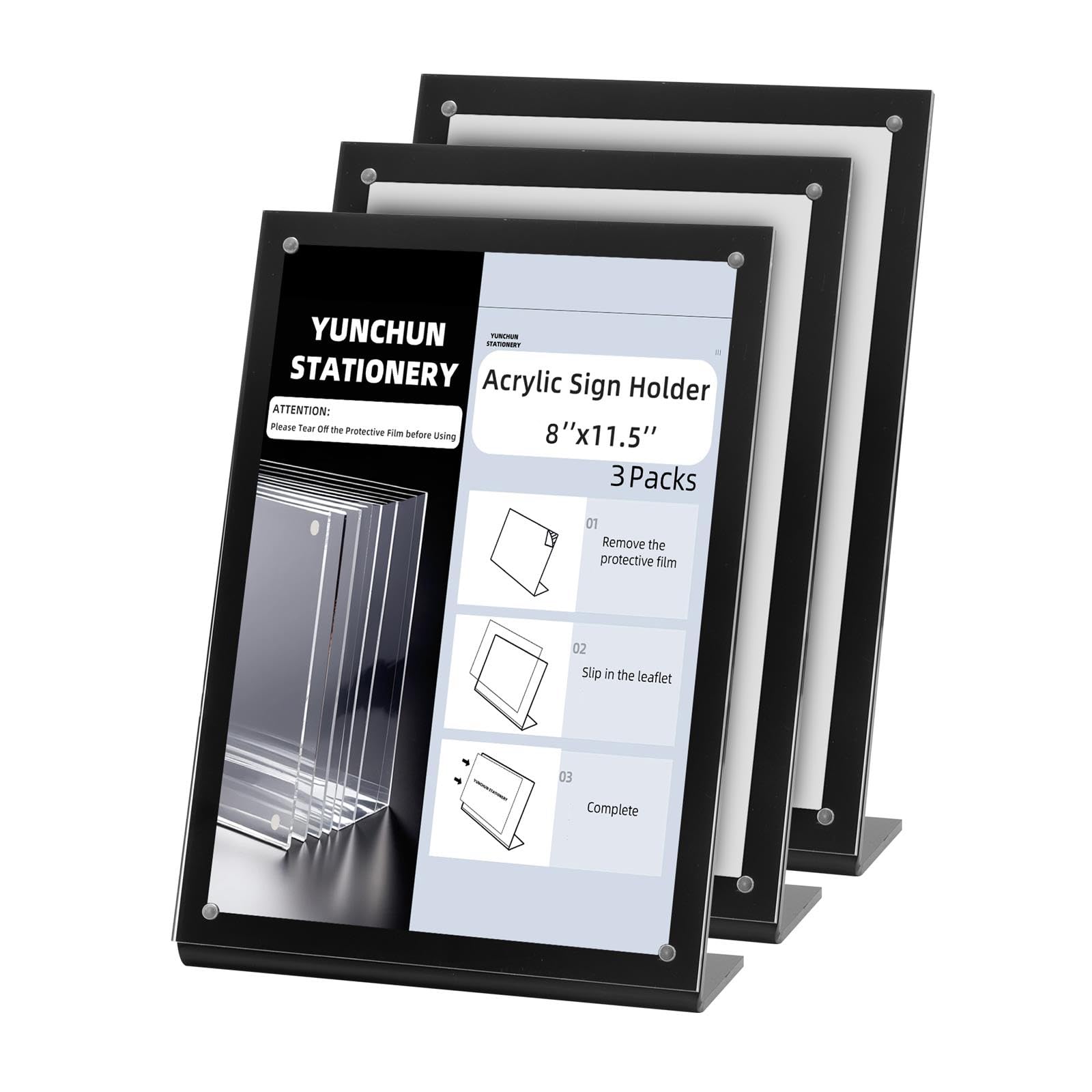 Photo 1 of YUNCHUN 3 Packs Acrylic Sign Holder 8 x 11.5 Standing, L-Shape Magnetic 8 x 11 Menu Holder, Display Stand of Slant Back & Acrylic Frame for Store, Wedding, Restaurant, Hotel, Office Use Black