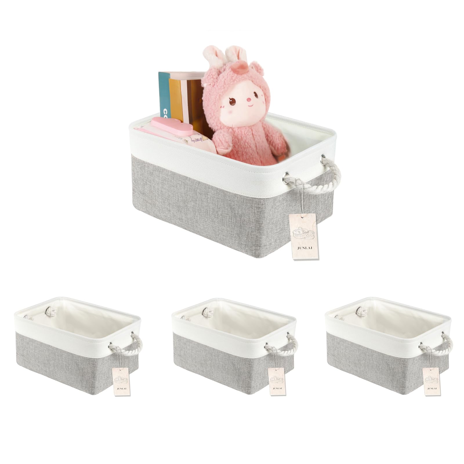 JUNLAI 4 Pcs Storage Baskets with Handles, Foldable Large Storage Boxes, Fabric Wardrobe Storage Basket for Office & Home, Book, Clothes, Toys（Grey and White, Large）