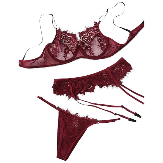friendGG Sexy Exquisite Dessous BH + Strumpfband + Slip Set Babydoll Cut-Out Nachtwäsche Wimpern Dreiteilige Höschen BH + Str
