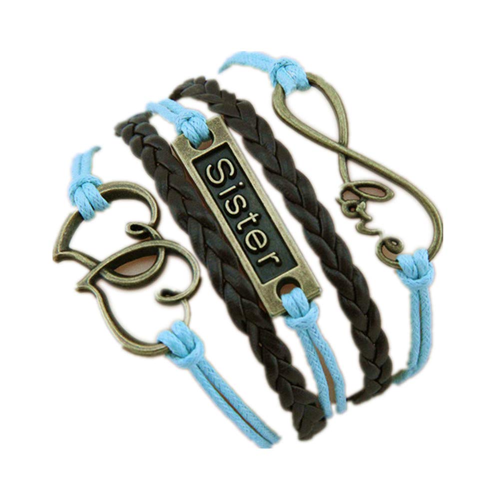 ODETOJOY Infinity Heart Sister Infinity Karma Blue Striped Andet Fashion Heart to Heart Bracelet In Antique Bronze Dark Brown Braided Leather Friendship Gift Idea
