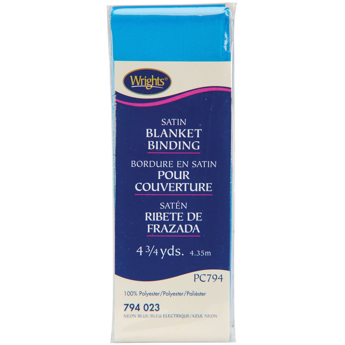 Wrights 2-inch 4 3/4 yd Single Fold Satin Blanket Binding, Neon Blue