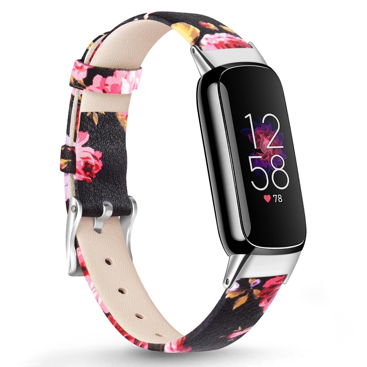 Mugust Straps Compatible with Fitbit Luxe Leather Strap for Women Men, Leather Adjustable Sport Replacement Wrist Bands for Fitbit Luxe Only (Black Rose Flower)