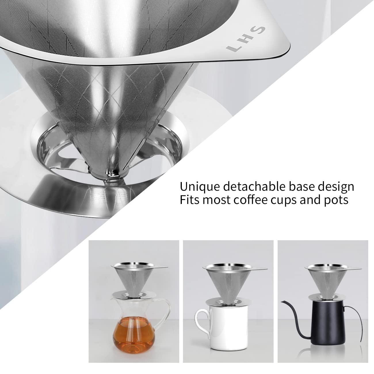 LHS Pour Over Coffee Dripper Reusable Coffee Filter Paperless Coffee Filter Stainless Steel Pour Over Coffee Maker Cone Coffee Dripper for 1-2 Cup,Argyle Pattern