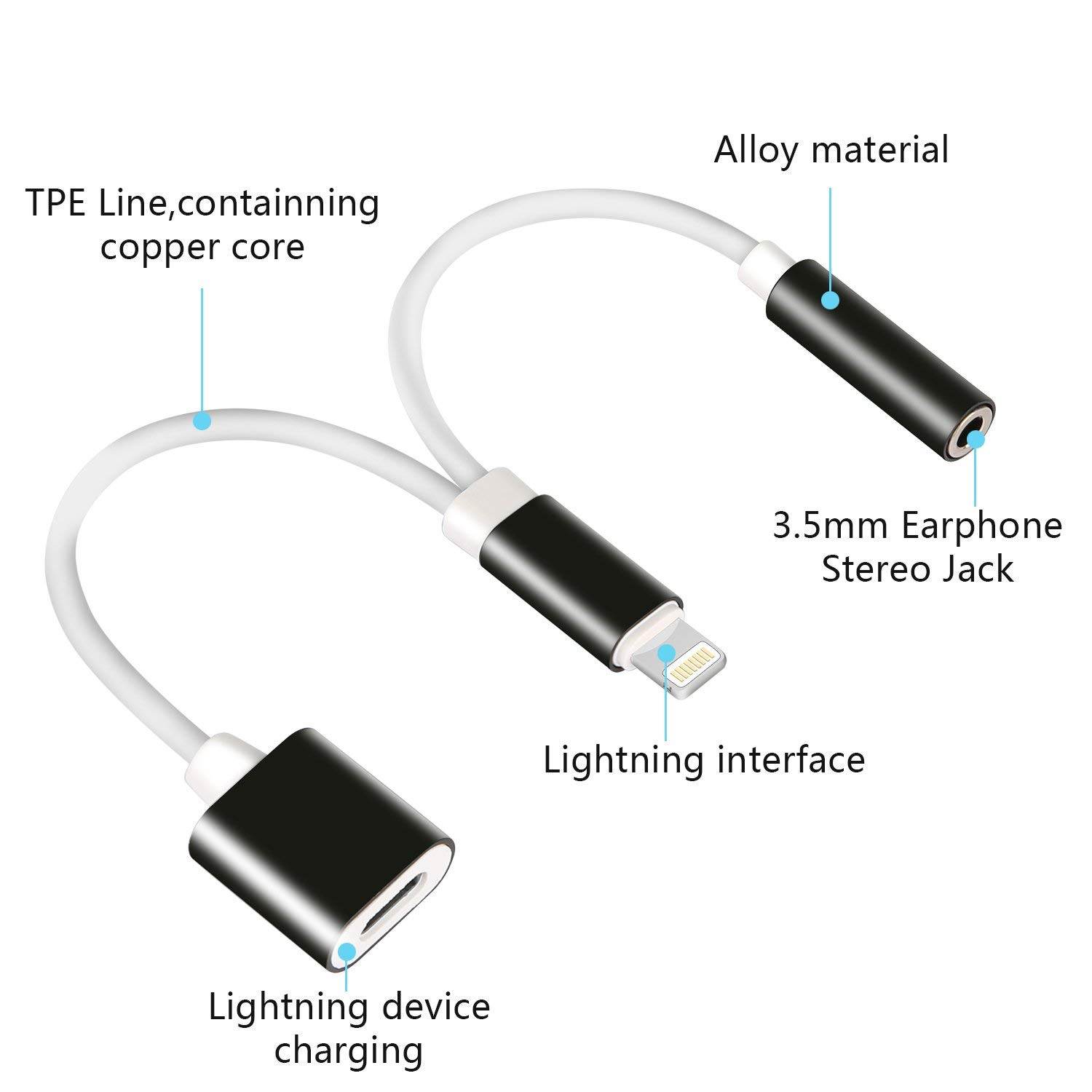 Twinkk 2 in 1 Audio&Charge Headphone Adapter Compatible with iPhone Xs Max/XS/XR/X/8/7 and More Compatible with iOS 10.3/11 or Later (Black)