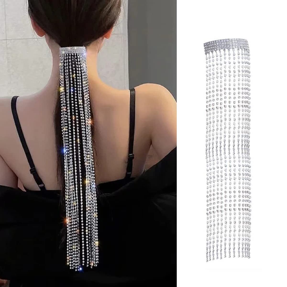 Rhinestone Ponail Barrette Tassel Rhinestone Fashion Hairpin Hair Accessories Headdress Hair Clip Accessories for Girls Women Silver 39cm
