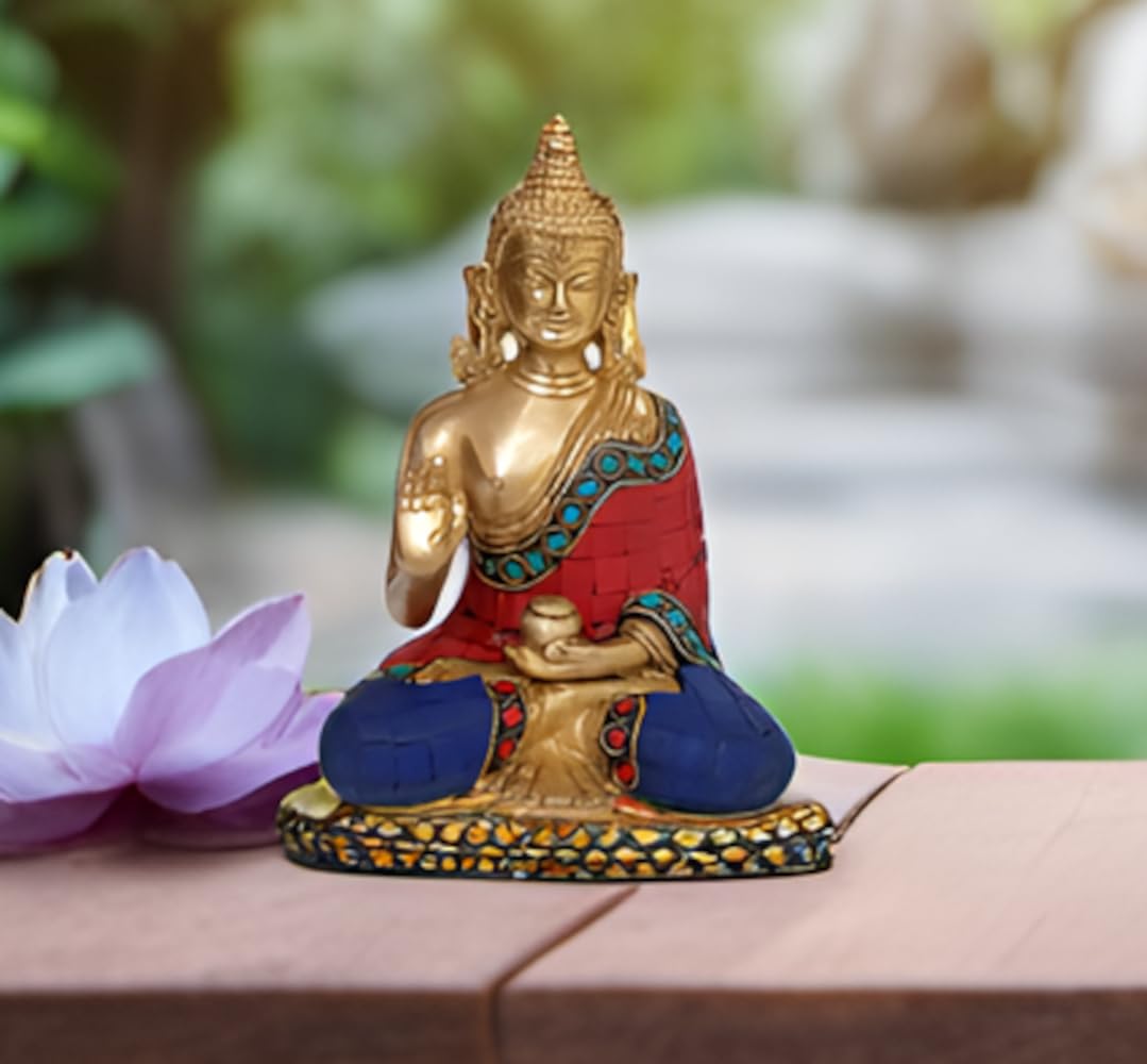 Purpledip Brass Statue Lord Buddha With Overlay Gem-stones: Buddha In Vitarka Mudra Preaching Form (10512)