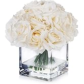 ENOVA FLORAL 18 Pieces Rose Artificial Flowers in Vase, Artificial Flowers Arrangements in Vase with Faux Water for Dining Table Decoration, Home Decor Indoor(Cream)