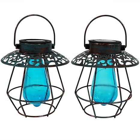 Amazon Com Sunnydaze Patina Caged Hanging Solar Lantern With
