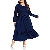 Moon Wood Women's Plus Size Maxi Dress Empire Waist Crew Neck Long Sleeve Dress with Pockets, Long Casual Dreses Daily Wear