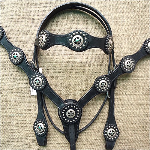 Western Leather Horse Bridle Headstall Breast Collar Black W/ Star