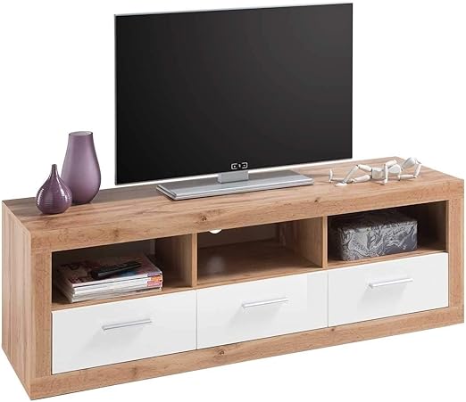 Tv Lowboard Fernsehschrank Fernsehtisch Wildeiche Weiss Hochglanz 3 Schubladen 147x49x45 Cm Amazon De Kuche Haushalt