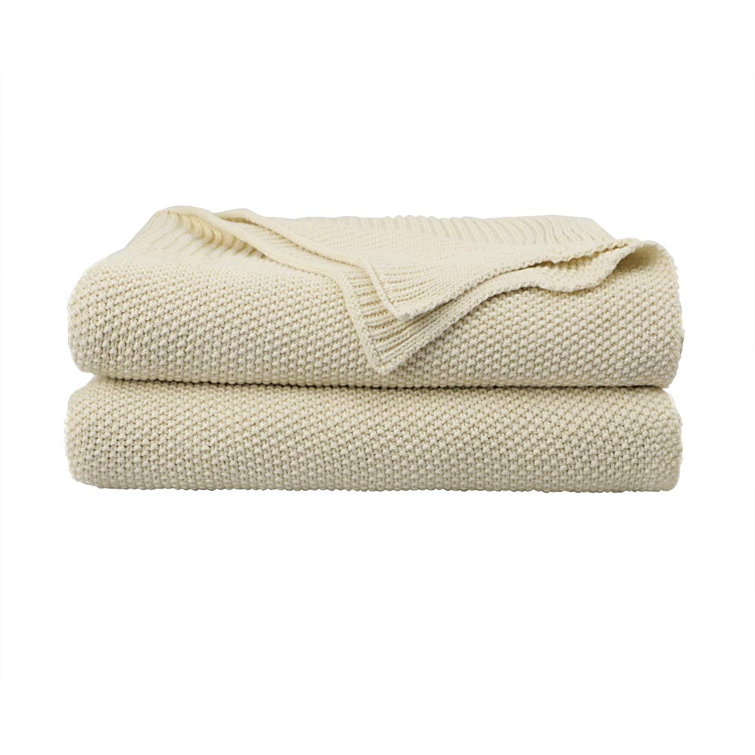 PiccoCasa 100% Cotton Knit Throw Blanket,Solid Lightweight Decorative Throws and Blankets,Soft Knitted Throw Blanket for Sofa Couch, Beige 50" x 70"