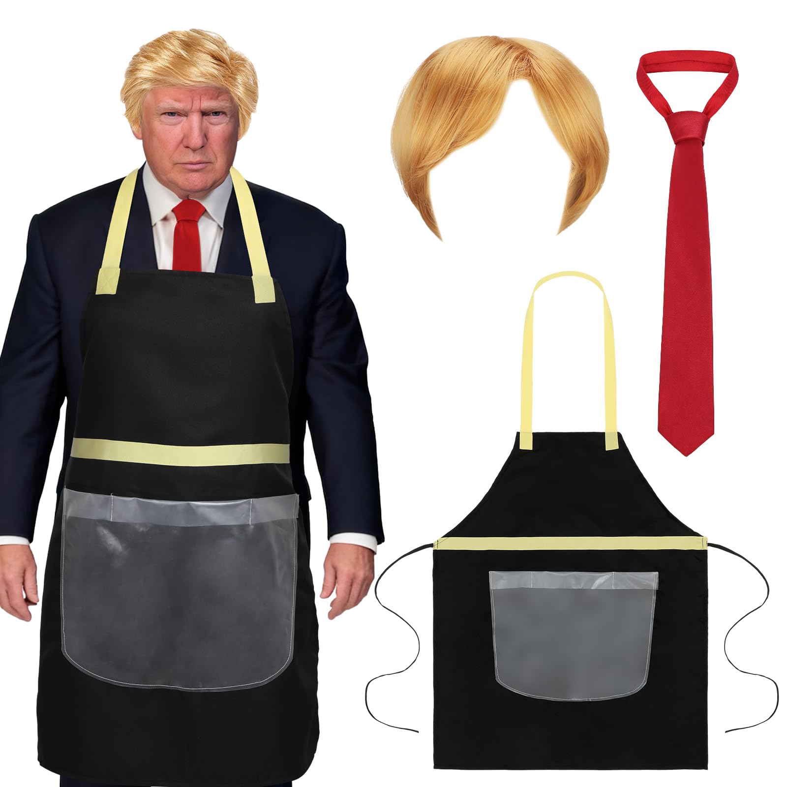 Photo 1 of ***Factory seal***
Geyoga Pcs President Costume Kit Halloween Funny President Cos Fast Food Restaurant Waiter Celebrity Presidential Candidate Wig Set Including Blue Apron, Wig, Red Tie for Halloween Cosplay Party