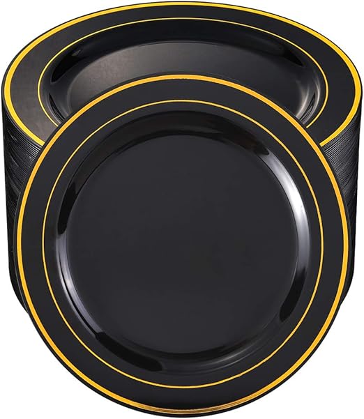 BUCLA100Pieces Black Plastic Plates with Gold Rim10.25