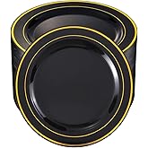 bUCLA 100 Pieces Black and Gold Plastic Dinner Plates - 10.25 inch Black Disposable Plates with Gold Rim - Ideal for Party, Graduation & New Year