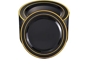bUCLA 100 Pieces Black and Gold Plastic Dinner Plates - 10.25 inch Black Disposable Plates with Gold Rim - Disposable Dinner Plates - Ideal for Weddings,Parties,New Year