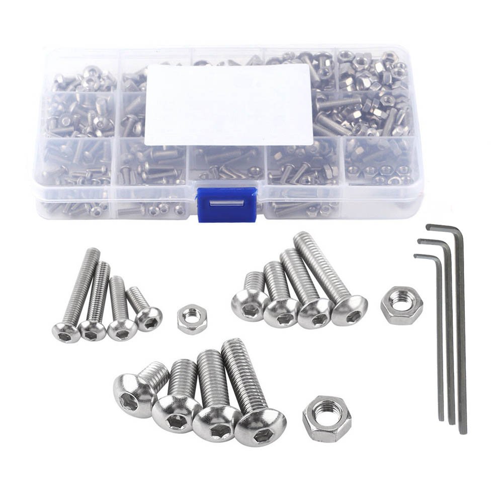 NUZAMAS 440 Pieces M3 M4 M5 304 Stainless Steel Hex Socket Button Head Bolts and Nuts Assortment & Key Wrench Kit with Storage Box