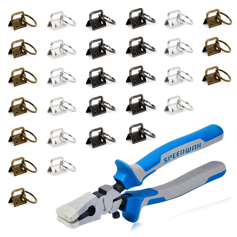 SPEEDWOX Key Fob Pliers for 30 Sets 0.8 Inch Key Fob Hardware with Split Rings Antique Black/Antique Brass/White Nickel Webbing Crafts Wristlet Set Glass Breaking Pliers Tools with Rubber Tips