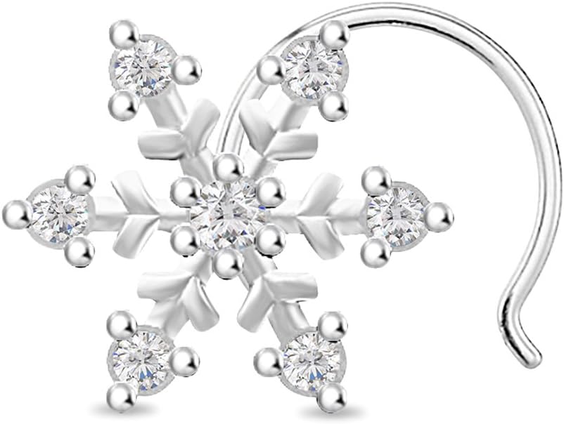 Diamond Scotch Cubic Zirconia Snowflake Nose Ring Stud Ring for 14k White Gold Over Piercing Jewelry (20 Gauge)