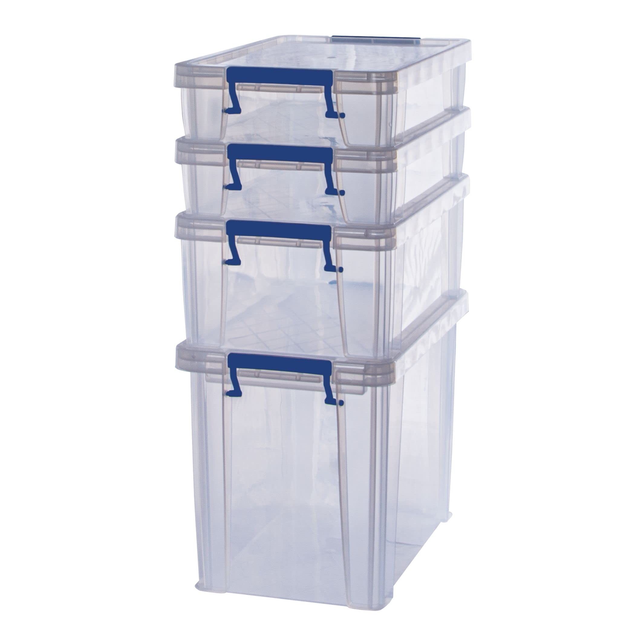 Bankers Box Plastic Storage Boxes with Lids, Pack of 4, 2x 5.5 Litre + 1x 18.5 Litre + 1x 10 Litre. ProStore Strong Stackable Plastic Storage Boxes, Made in the UK, Clear