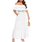Plus Size Off The Shoulder Maxi Long Casual Layered Ruffle Beach Sundress Women Pocket 2024