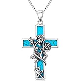 DOLIOX Genuine Turquoise Cross with Flowers Pendant Necklace, Sterling Silver Native American Vintage Necklace Western Religion Jewelry