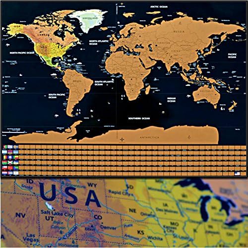 The Trip Dreamer - Scratch Off World Map Poster - Metallic Gold Look - Every Country Detailed and Flags on Black Background. Scratching Tool and Pen. 50 Clear U.S. States - A Living Traveler Journal